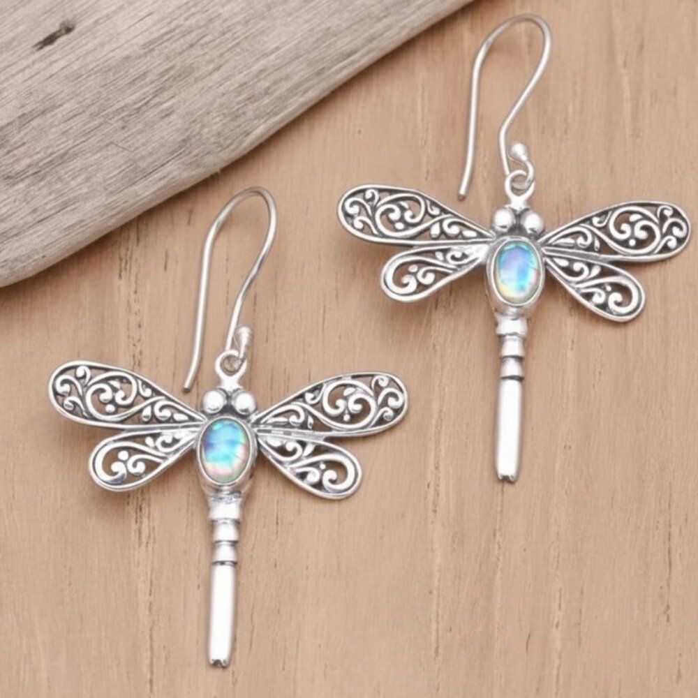 Dragonfly Earrings w/a Rainbow Moonstone from Bali 'Harmony Prophecy' Bohemian